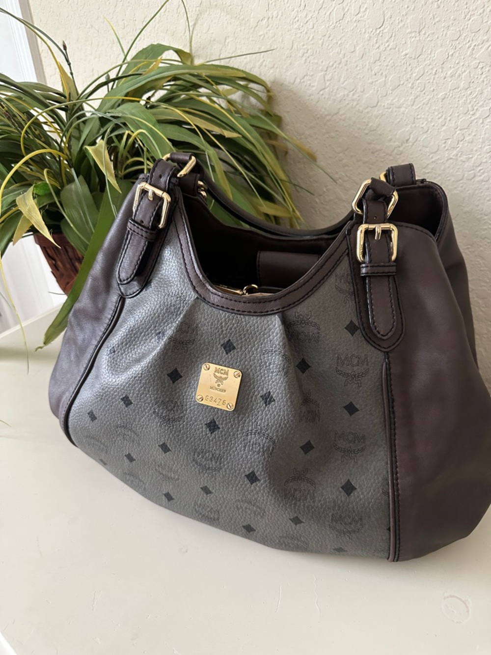 MCM Gray and Brown Leather Visetos Hobo Shoulder Bag with Gold Hardware